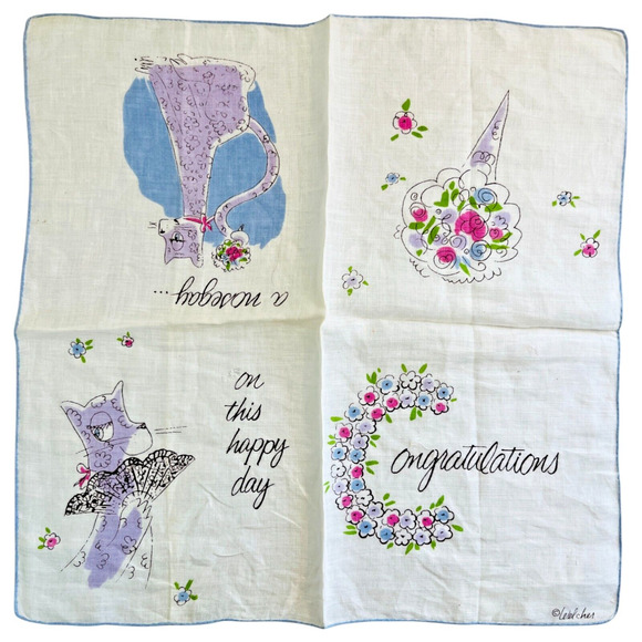 Vintage Welcher Handkerchief Anthropomorphic Cats Congratulations Wedding READ - Picture 2 of 12